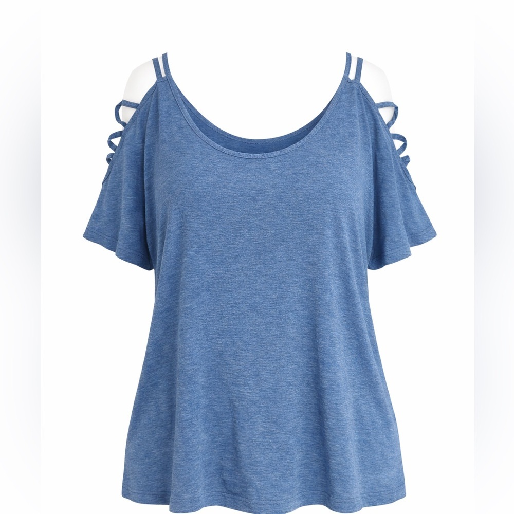 VENUS Ladder Strap Cold Shoulder Top Denim Blue 1X